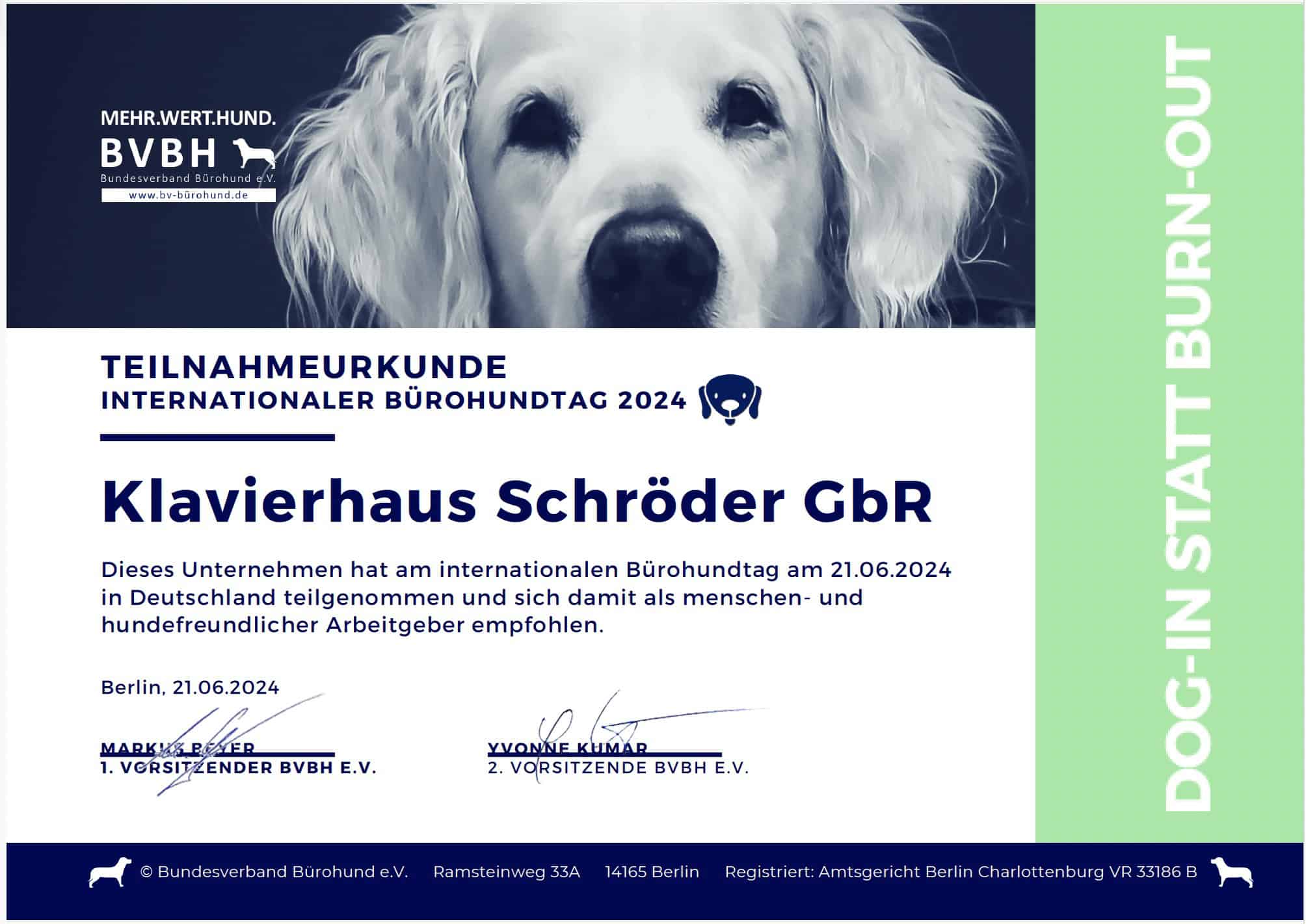 Teilnahmeurkunde Bürohundetag 2024